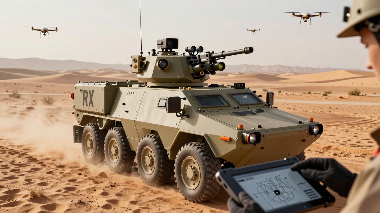 Veículo militar todo-o-terreno com canhão, drones voando e soldado a controlar tablet no deserto.