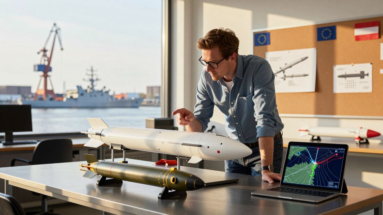 Homem a analisar modelos de mísseis numa mesa com portátil aberto junto a janelas com vista para cais naval.