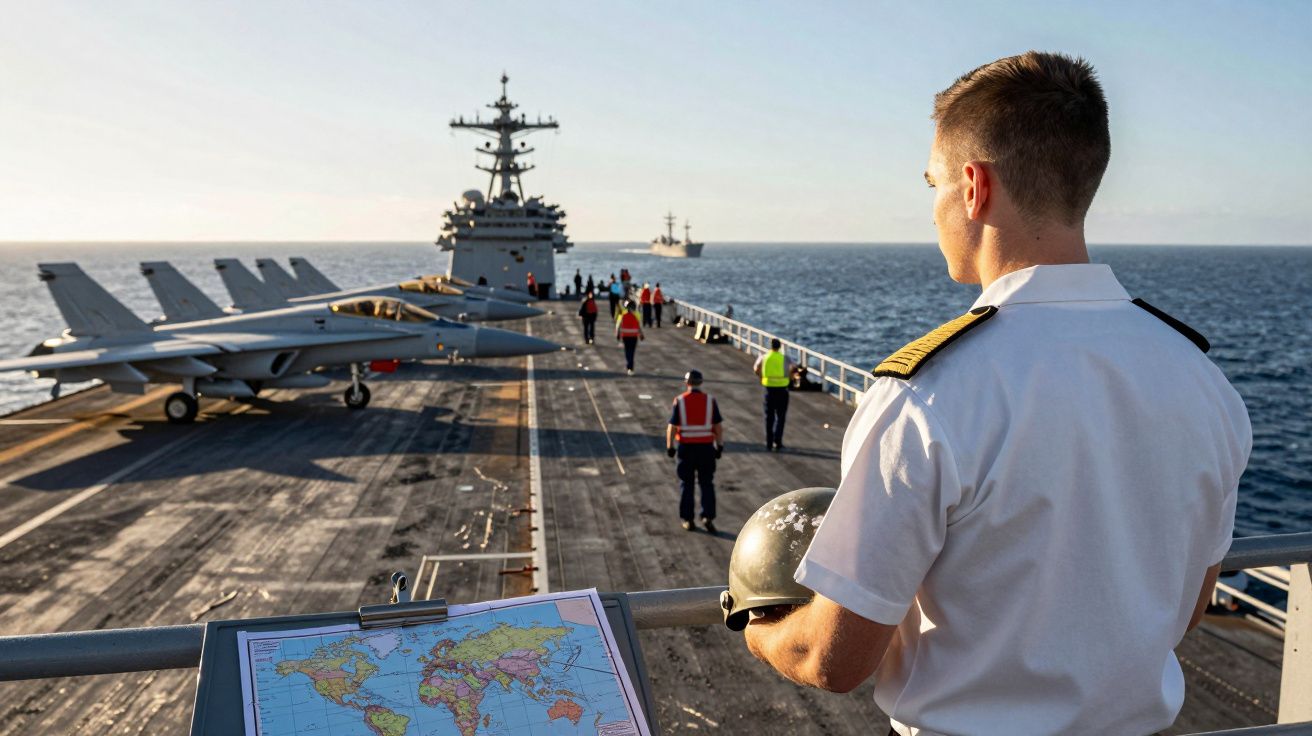 Marinheiro a bordo de porta-aviões com mapas e aviões de combate na pista, no mar.
