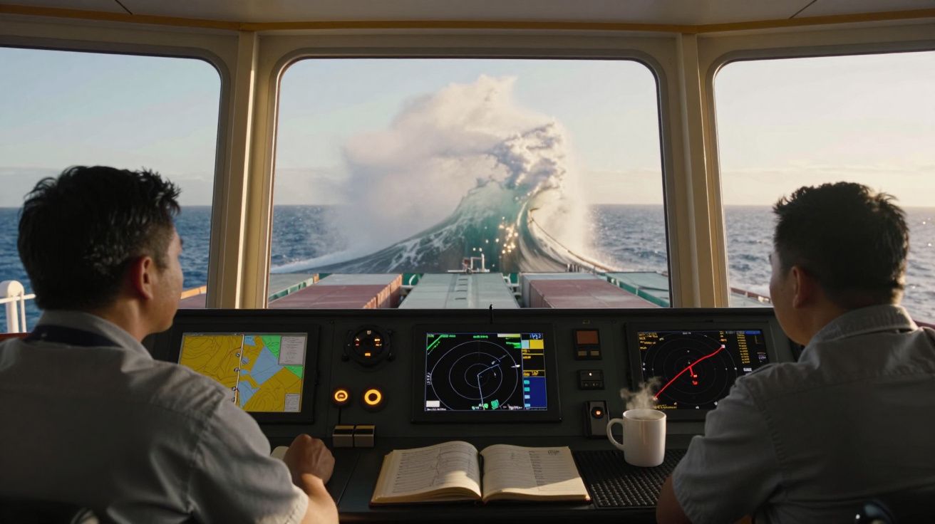 Dois homens no comando de um navio observam uma grande onda a proa em alto mar.