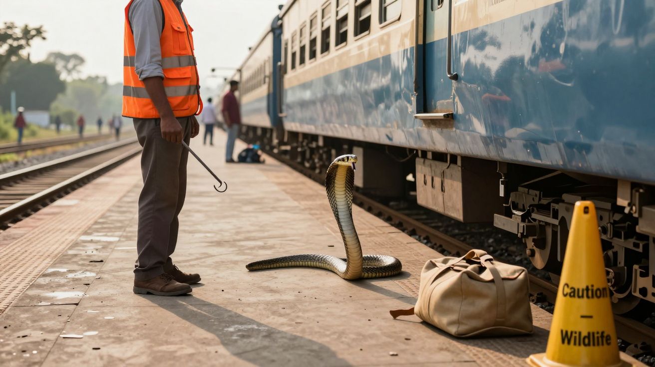 Homem com colete laranja enfrenta cobra cascavel numa plataforma de estação ferroviária junto a trem azul.