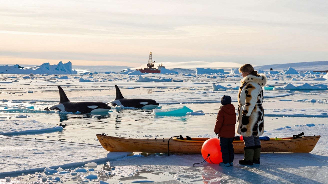 Duas pessoas em vestuário de frio junto a um caiaque em gelo, observando duas orcas no mar gelado.