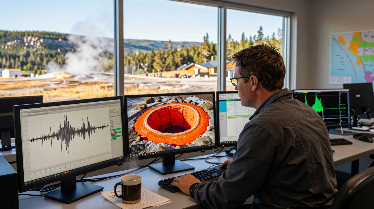 Homem a monitorizar atividade sísmica e imagens de vulcão numa sala de controlo com vista para área geotérmica.
