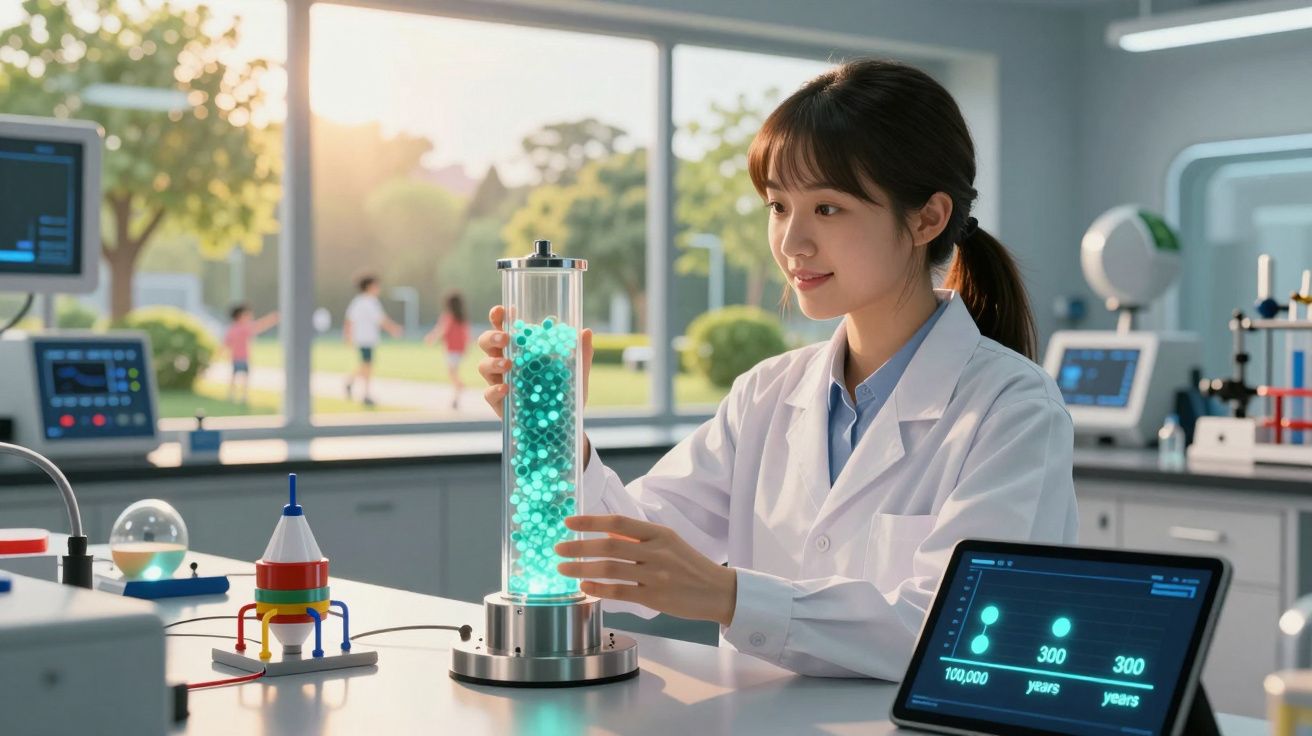 Jovem cientista em laboratório a manipular equipamento com esferas luminosas verdes.