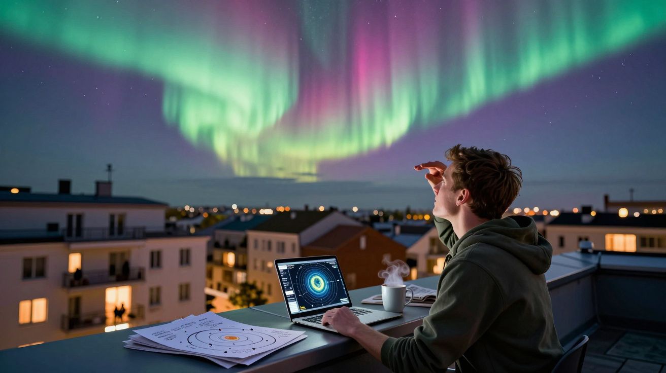 Jovem observa a aurora boreal enquanto usa computador portátil num terraço com plantas e gráficos.