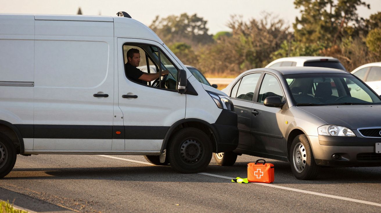 Acidente rodoviário entre carrinha branca e carro cinzento com kit de primeiros socorros no chão, em estrada.