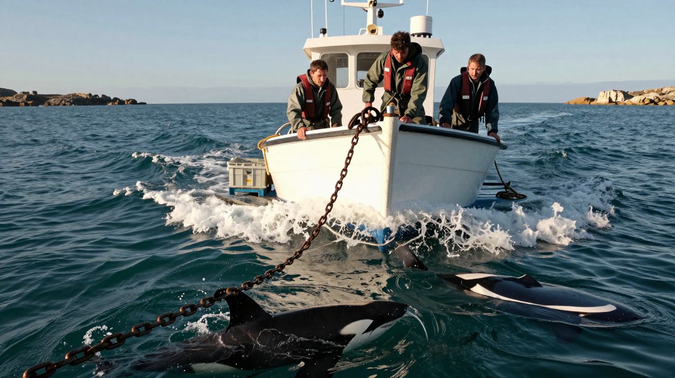 Barco com três homens a monitorizar orcas presas a correntes no mar calmo junto à costa rochosa.