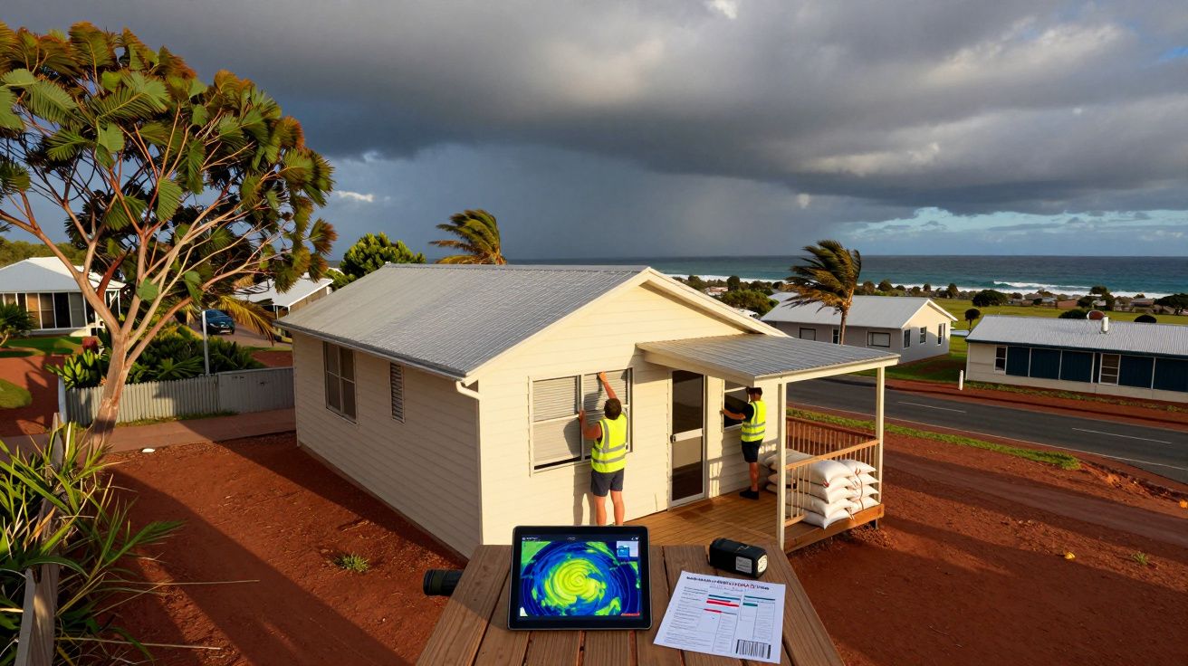 Casa branca com janelas a ser protegidas para tempestade, céu nublado e equipamento meteorológico em primeiro plano.