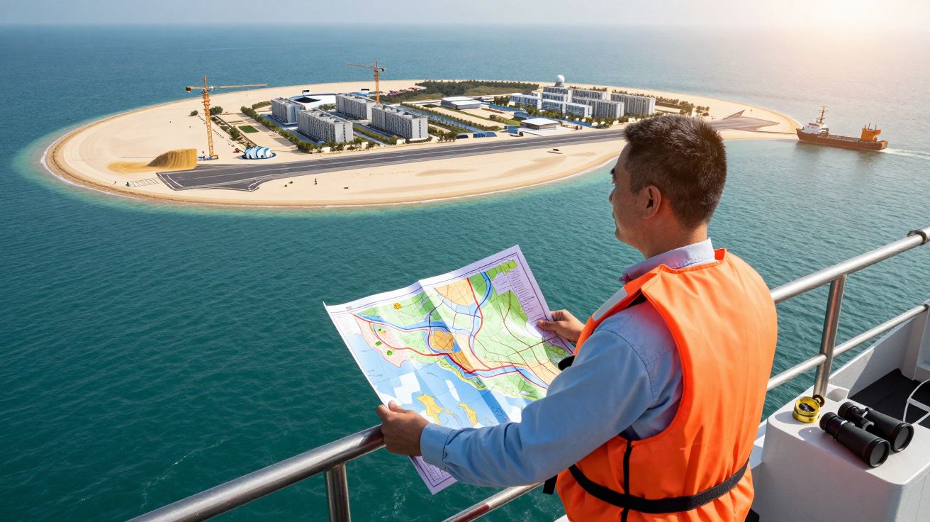 Homem com colete de segurança observa mapa enquanto vê ilha artificial com construções e guindastes no mar.