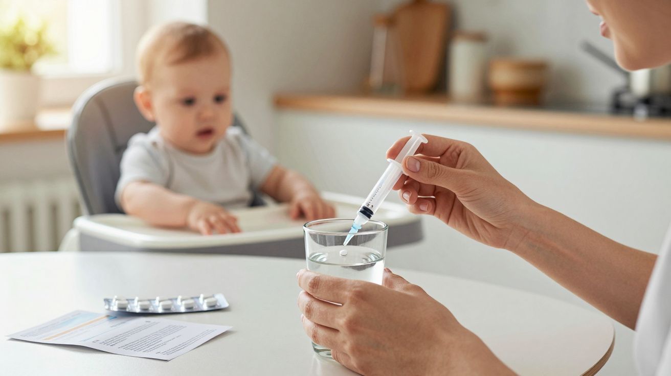 Mãos de adulto a misturar medicamento em copo de água, bebé sentado ao fundo na cadeirinha na cozinha.