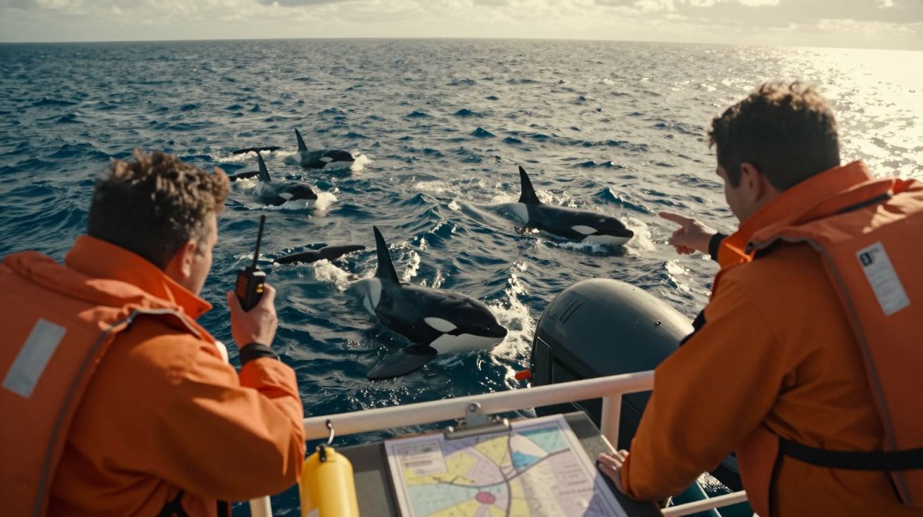 Duas pessoas com coletes salva-vidas a observar e interagir com orcas no mar a partir de um barco.