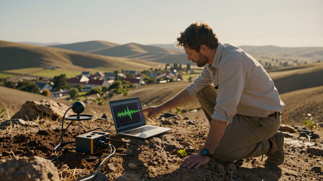 Homem analisando dados sísmicos num portátil ao ar livre em terreno montanhoso árido perto de uma aldeia.