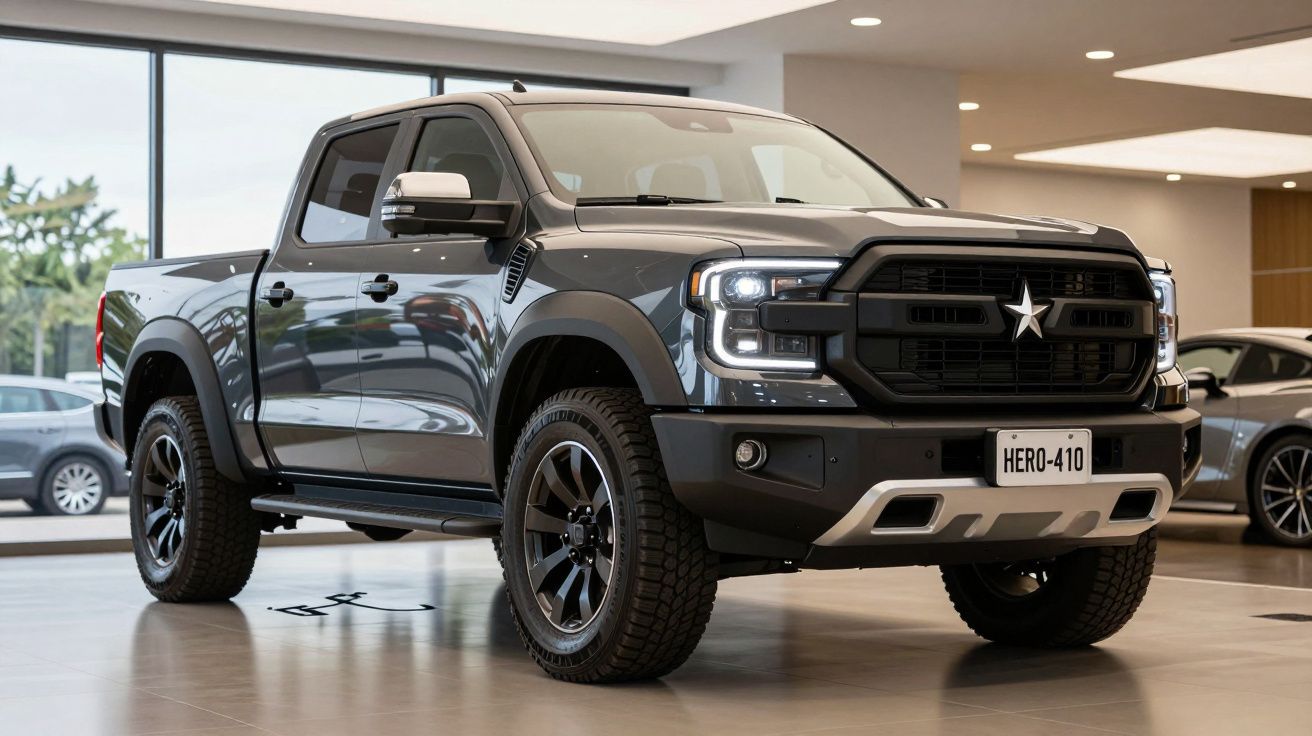 Picape moderna cinza escuro estacionada em showroom iluminado com pneus robustos e grade frontal preta.