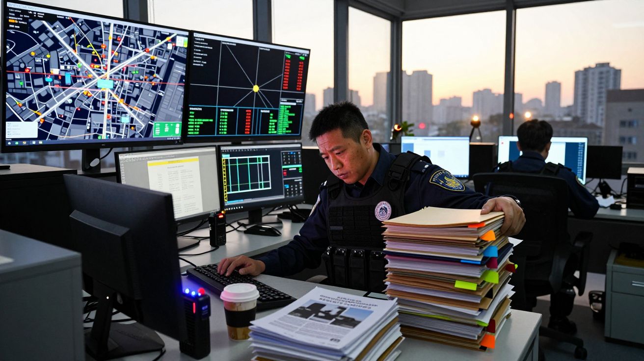 Agente da polícia numa sala de controlo com múltiplos ecrãs e pilhas de documentos.