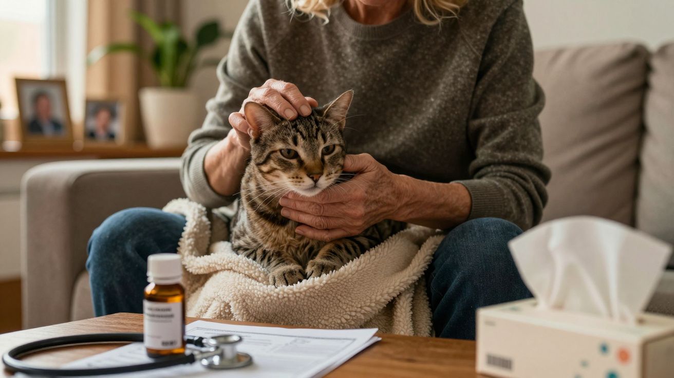 Pessoa a segurar e acariciar um gato deitado numa manta, com medicamentos e estetoscópio numa mesa à frente.