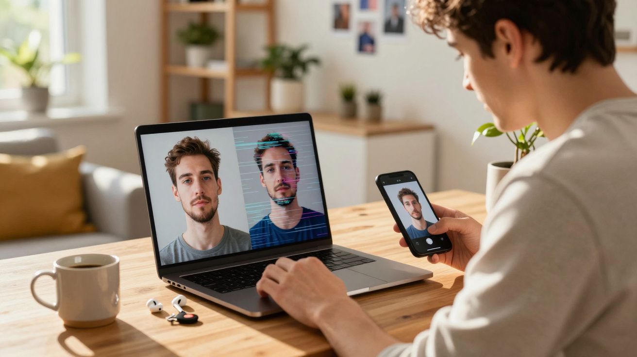 Homem a usar computador portátil para reconhecimento facial enquanto tira selfie com telemóvel numa mesa de madeira.