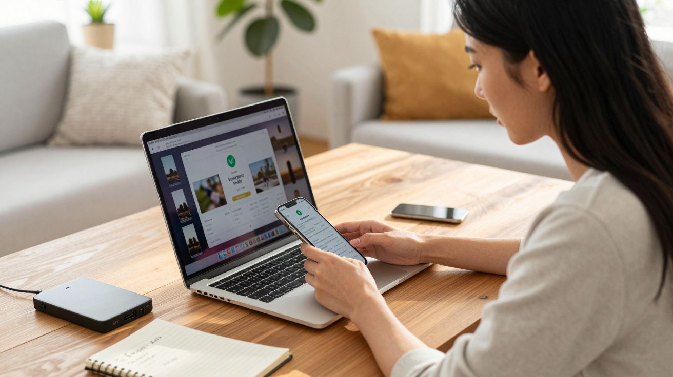 Mulher sentada a trabalhar com portátil e telemóvel numa mesa de madeira numa sala luminosa.
