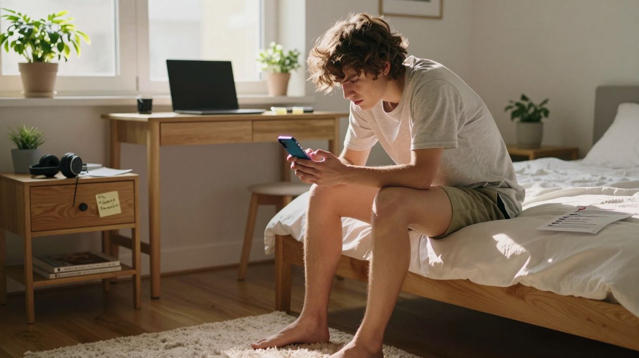 Jovem sentado na cama de um quarto moderno a olhar para o telemóvel, com computador e plantas ao fundo.