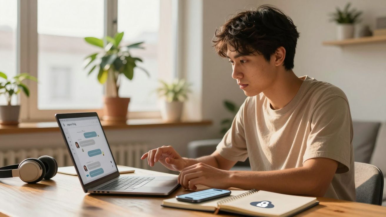Jovem a usar computador portátil para conversar online numa mesa com caderno, telemóvel e auscultadores.