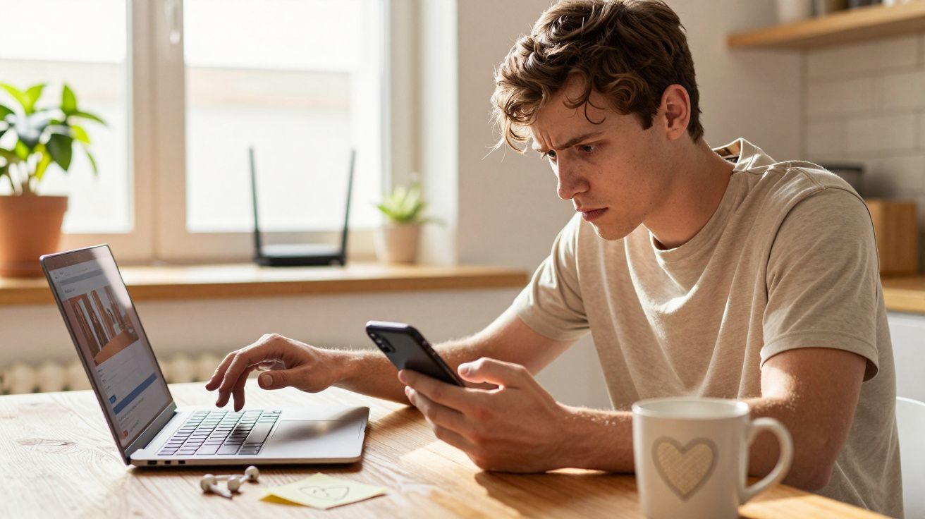 Jovem concentrado sentado à mesa com portátil, smartphone e caneca em ambiente luminoso e acolhedor.