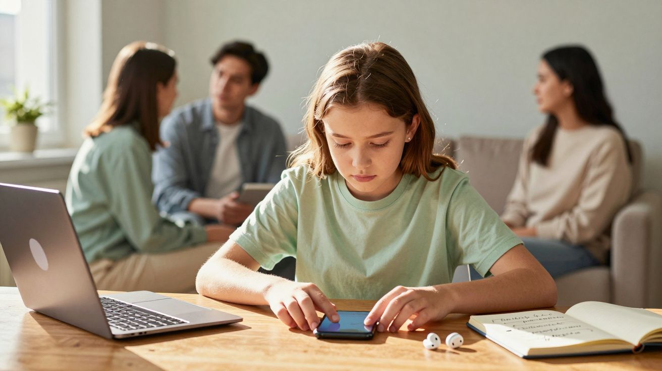 Criança sentada à mesa a usar telemóvel com adultos conversando ao fundo numa sala iluminada.
