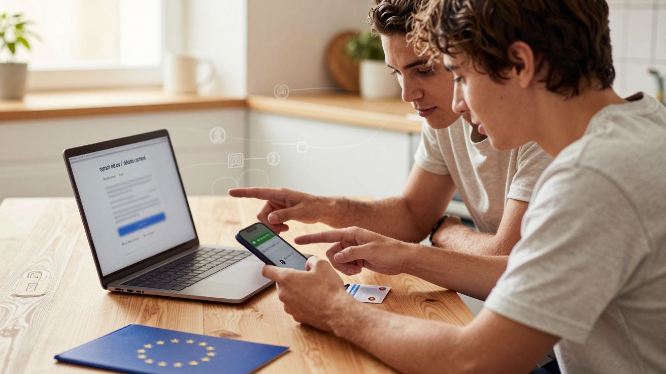 Dois jovens sentados à mesa a usar computador portátil e telemóvel, com bandeira da UE no espaço de trabalho.