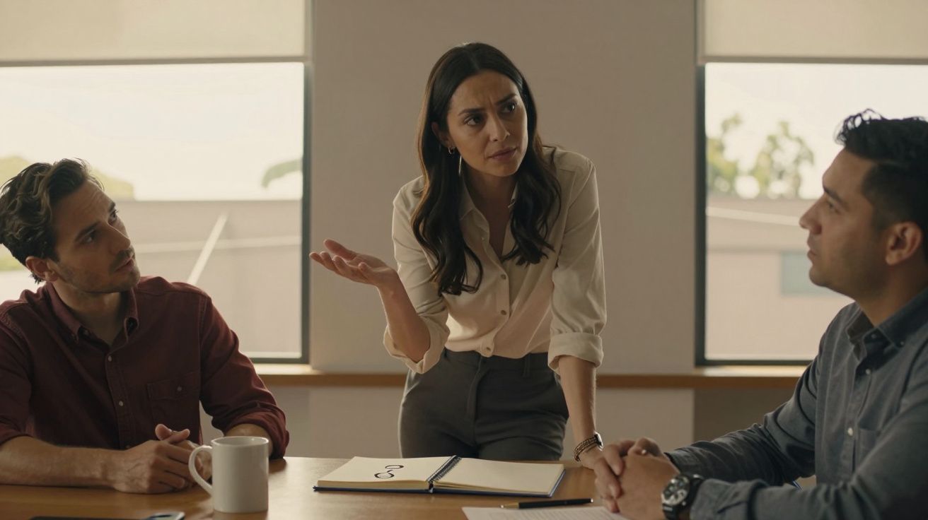 Mulher de pé falando com dois homens sentados numa mesa de reunião numa sala com janelas grandes.