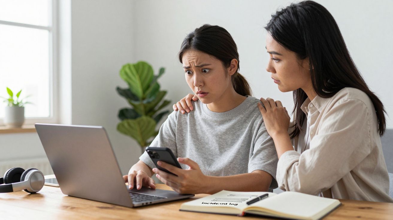 Duas mulheres em frente a um portátil, uma preocupa-se enquanto a outra consola com a mão no ombro.