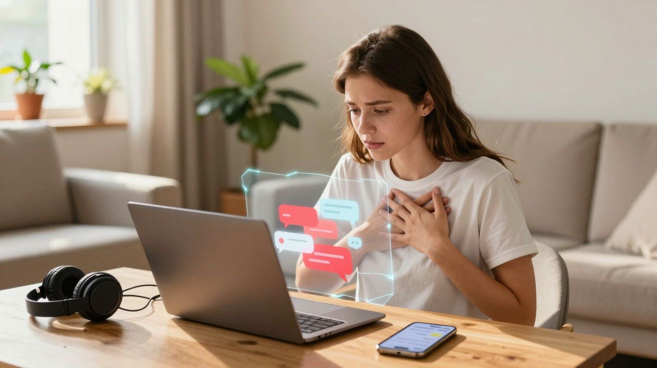 Mulher sentada à mesa a usar computador, com expressão preocupada e mãos no peito, rodeada por objetos digitais.