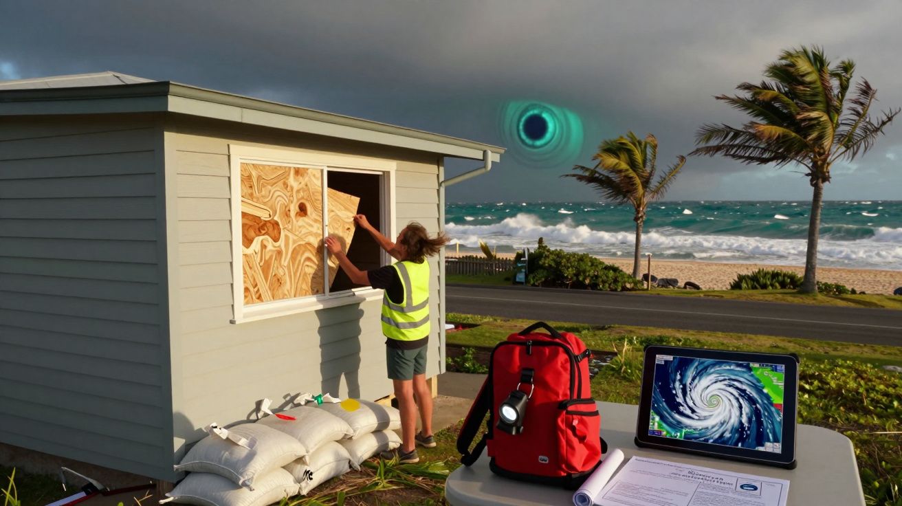 Pessoa a proteger janela de pequena casa junto à praia, com mar agitado e cenário de furacão no ecrã de tablet.