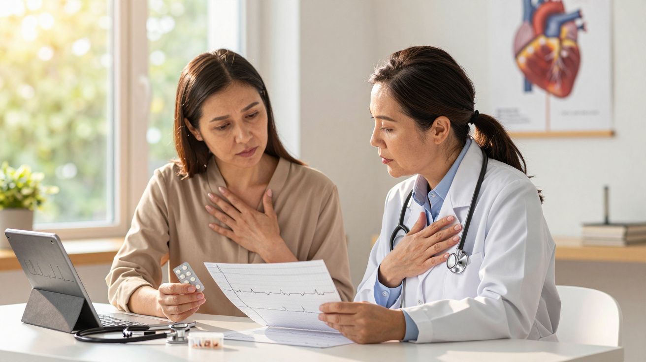 Médica e paciente a discutir resultados de eletrocardiograma num consultório luminoso.