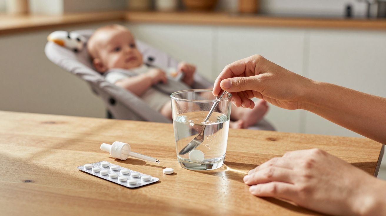 Pessoa a dissolver comprimido num copo de água na cozinha, com bebé desfocado ao fundo num cadeirão.