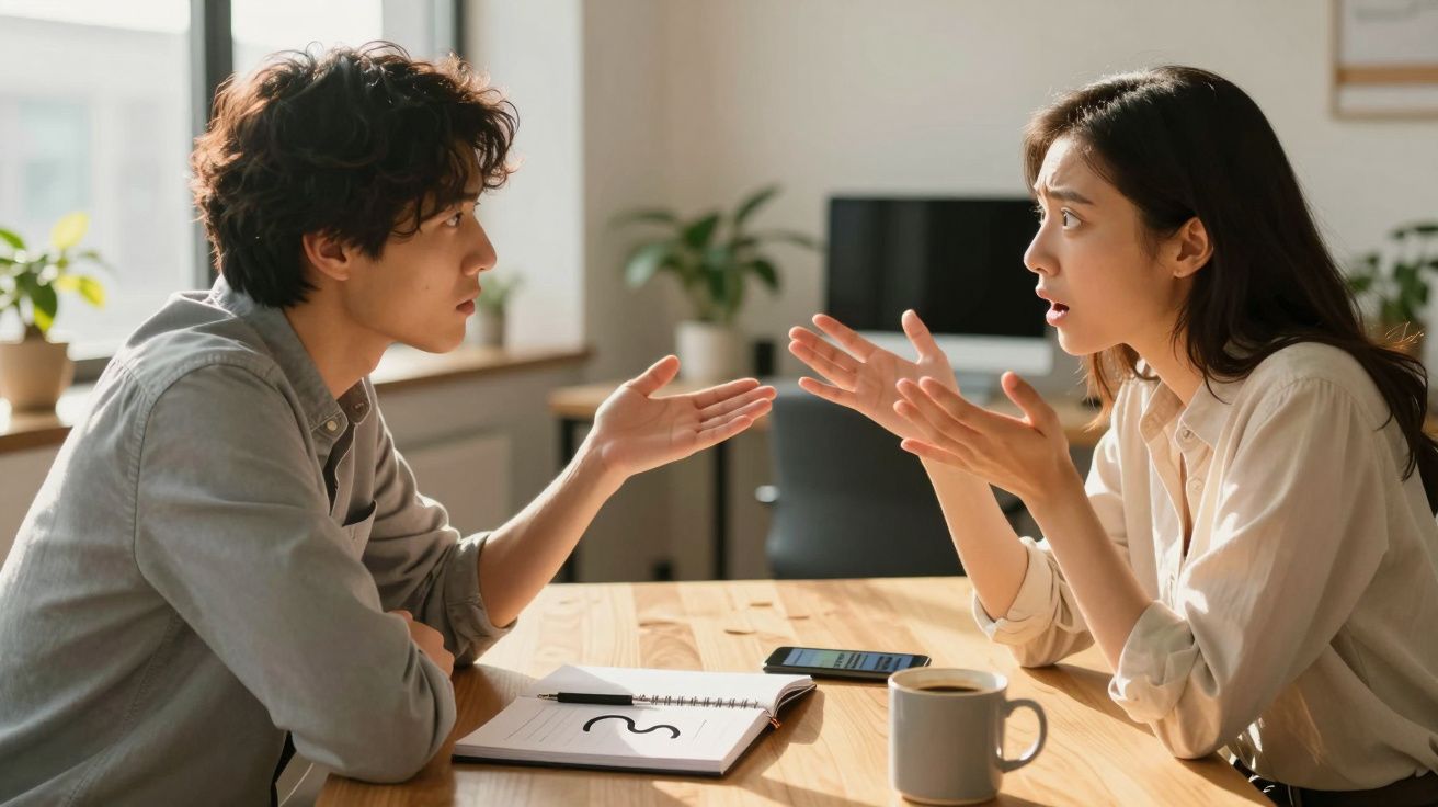 Casal jovem sentado à mesa discute com expressões sérias e gestos das mãos numa sala iluminada.