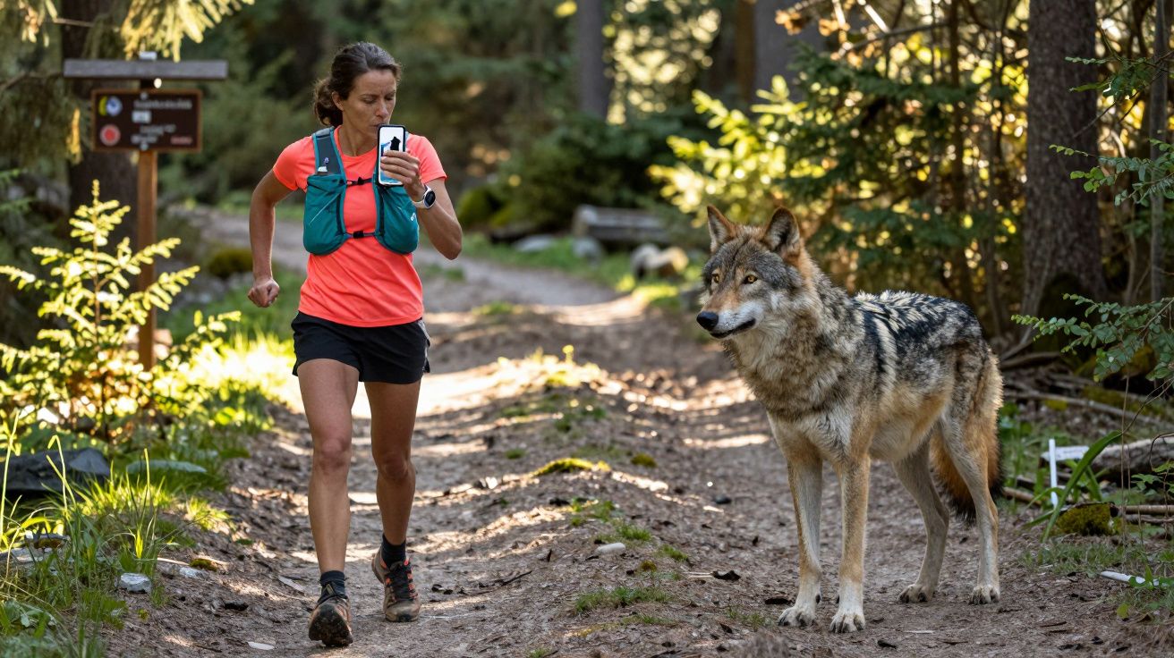 Mulher corre numa trilha na floresta enquanto olha para o telemóvel, com um lobo próximo ao seu lado.
