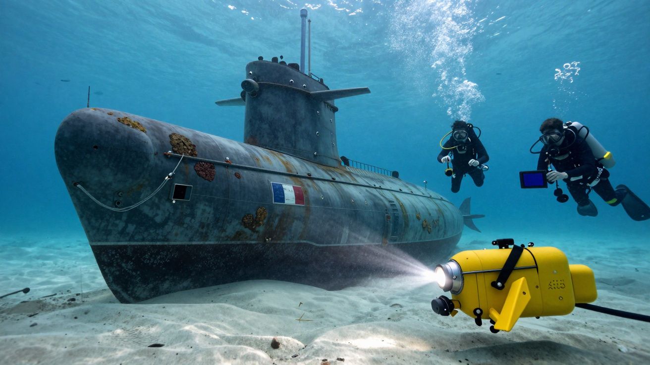 Submarino antigo submerso com dois mergulhadores e um robô amarelo iluminando o fundo marinho.