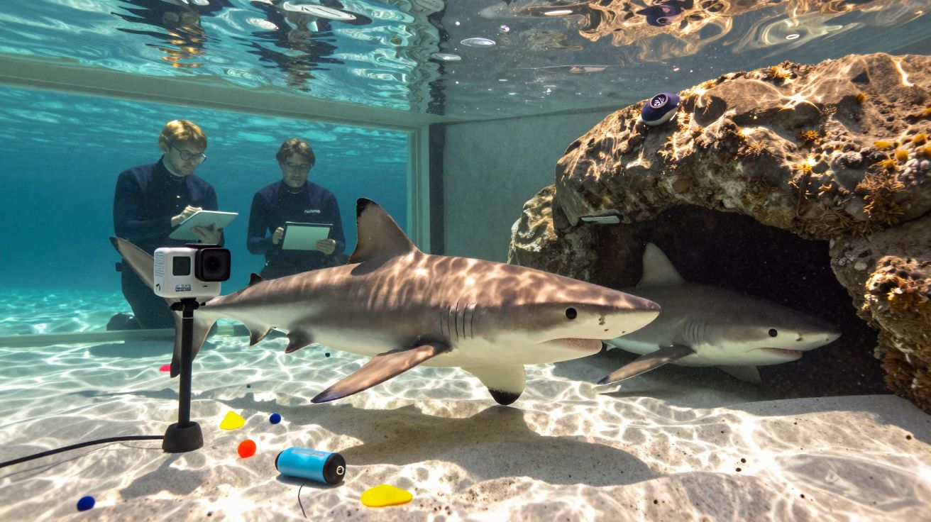 Dois tubarões numa instalação subaquática com duas pessoas a registarem dados e equipamento de filmagem.