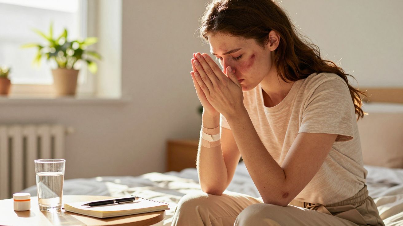 Mulher com hematomas no rosto sentada na cama, aparentando estar preocupada, com as mãos unidas junto ao rosto.