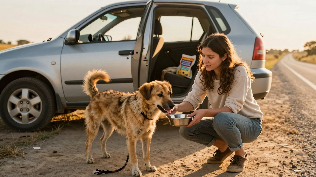 Mulher alimenta cão com tigela perto de carro estacionado numa estrada rural ao pôr do sol.