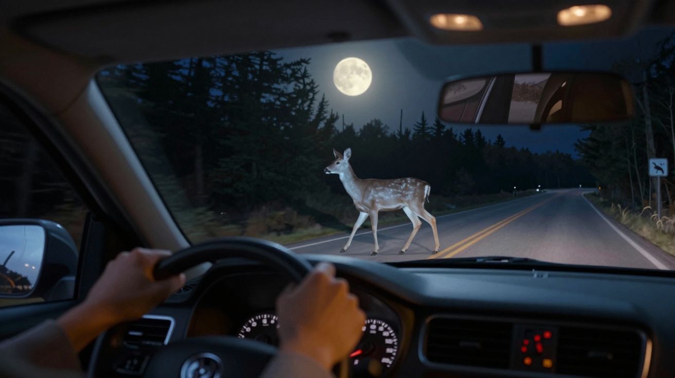 Veado atravessa estrada à noite sob a luz da lua, visto da perspetiva do condutor de um carro.