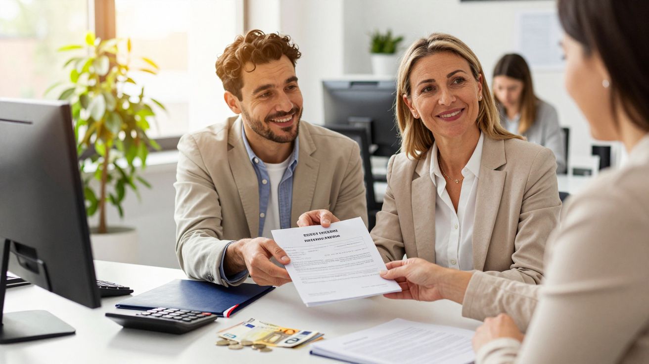Casal entrega documentos a profissional em escritório moderno e iluminado durante reunião.