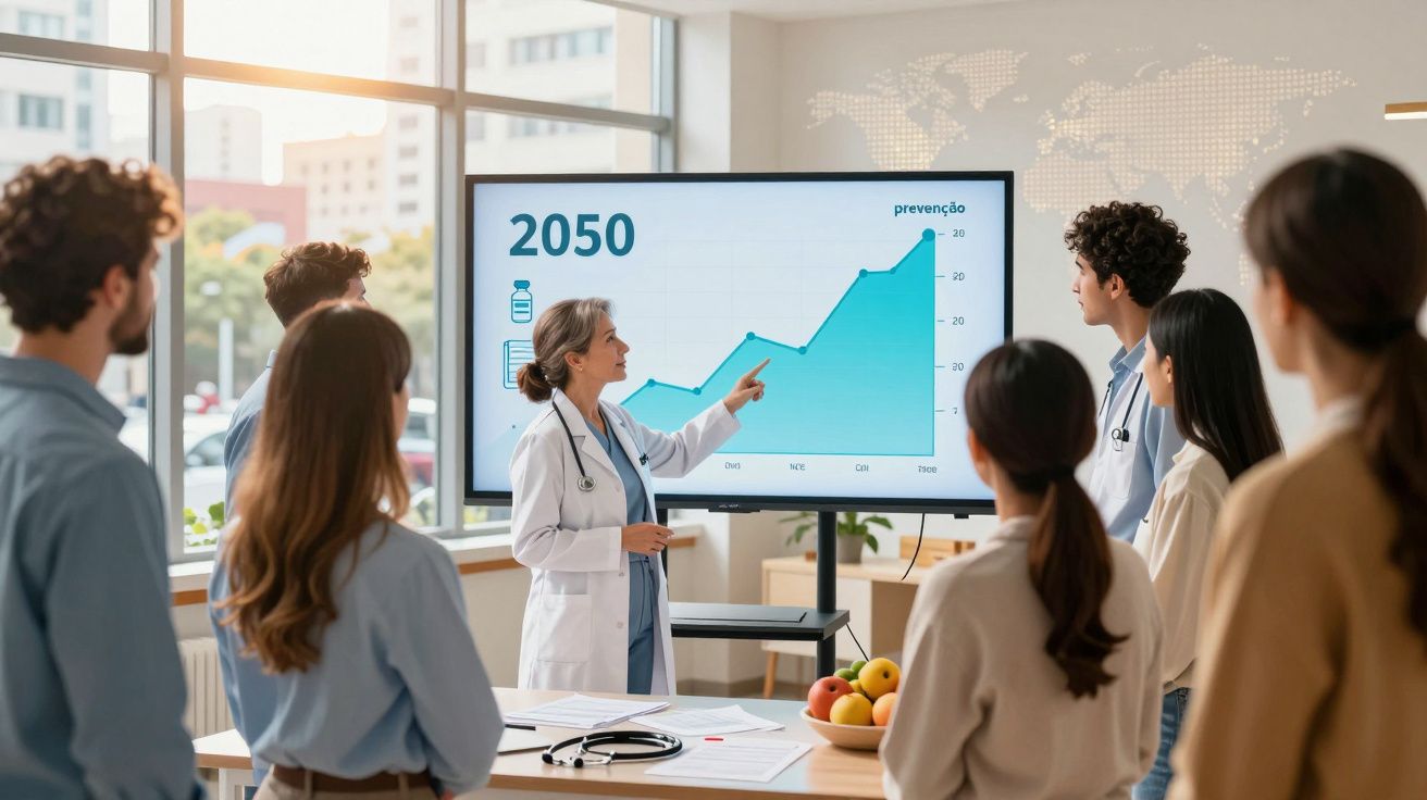 Médica apresenta gráfico de prevenção para 2050 a grupo atento numa sala iluminada por luz natural.