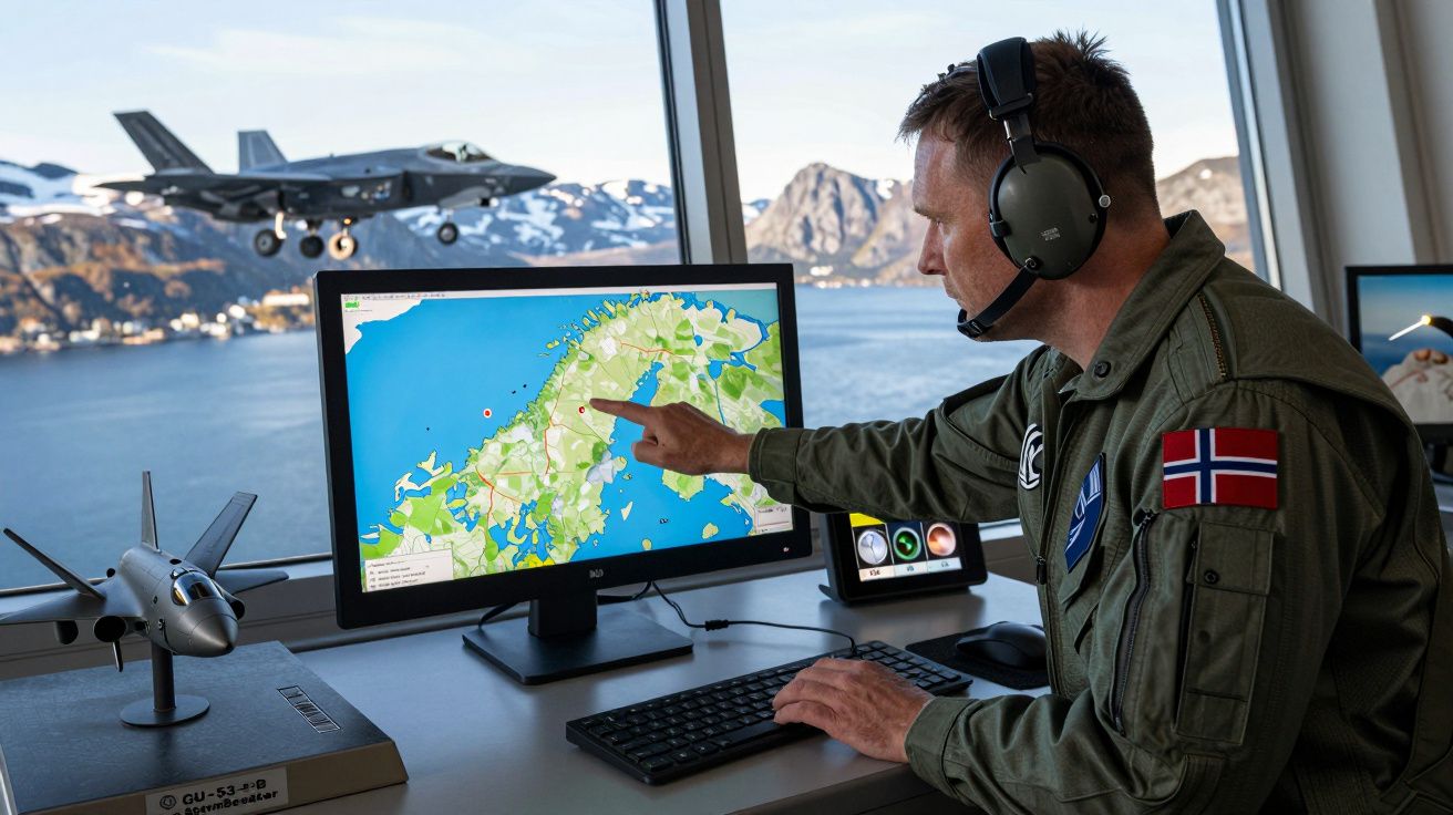 Homem com uniforme e auscultadores aponta para mapa no ecrã com jato militar a voar junto a janela.
