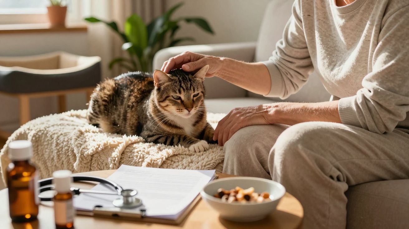 Pessoa a fazer carinho num gato deitado numa manta, com medicamentos e documentação sobre uma mesa.