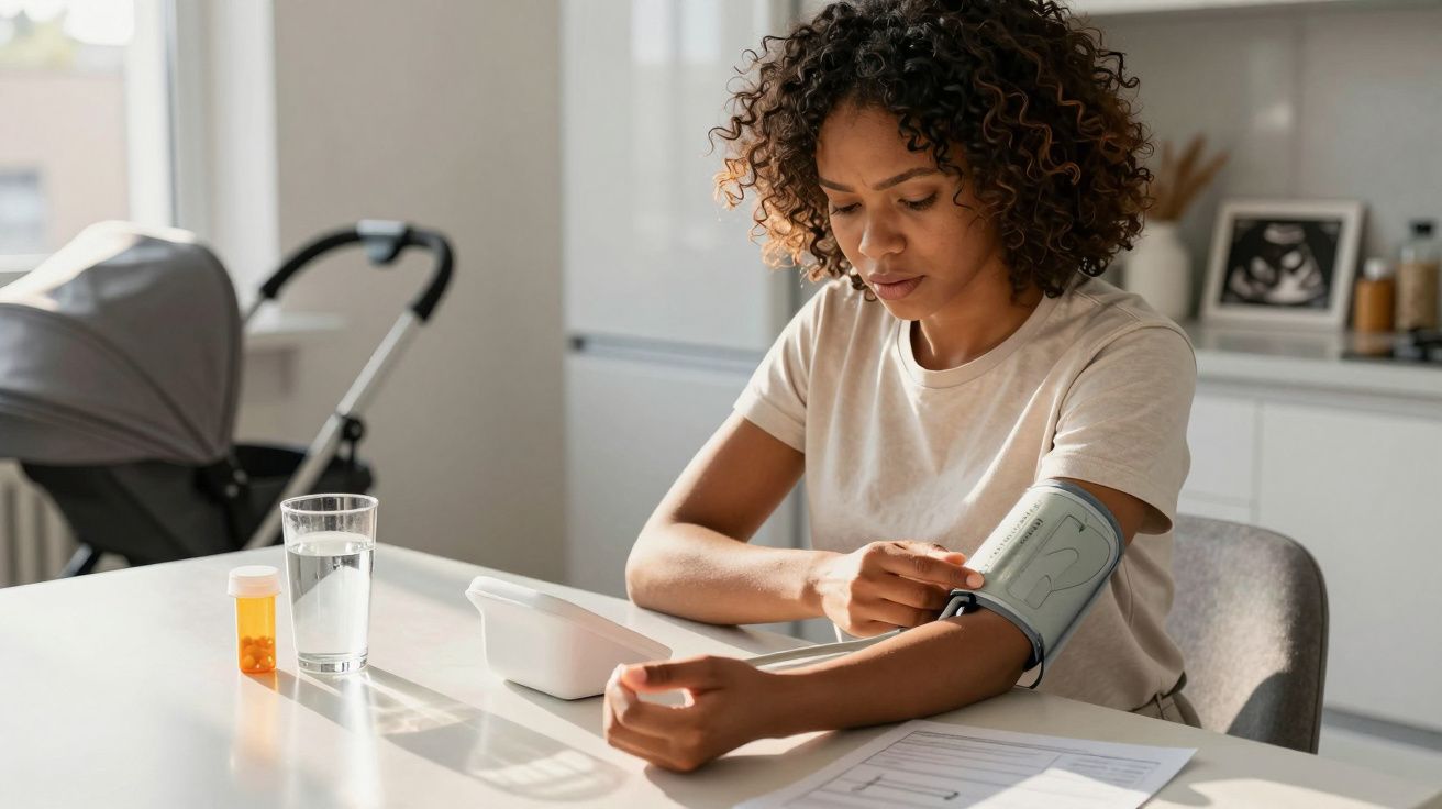 Mulher a medir a pressão arterial em casa, sentada à mesa com medicamentos e copo de água.