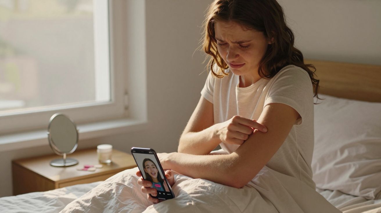 Mulher triste na cama segura telemóvel com chamada de vídeo enquanto olha para o braço irritado.