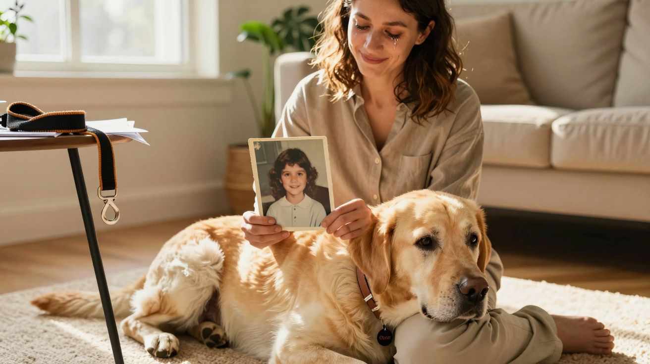 Mulher sentada no chão com lágrimas, segurando fotografia antiga ao lado de cão deitado.