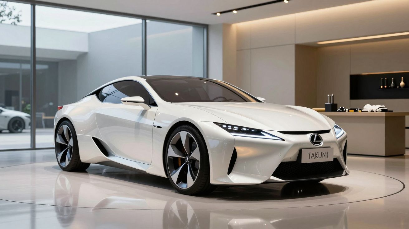 Automóvel desportivo branco Lexus Takumi exposto numa sala moderna com grandes janelas.