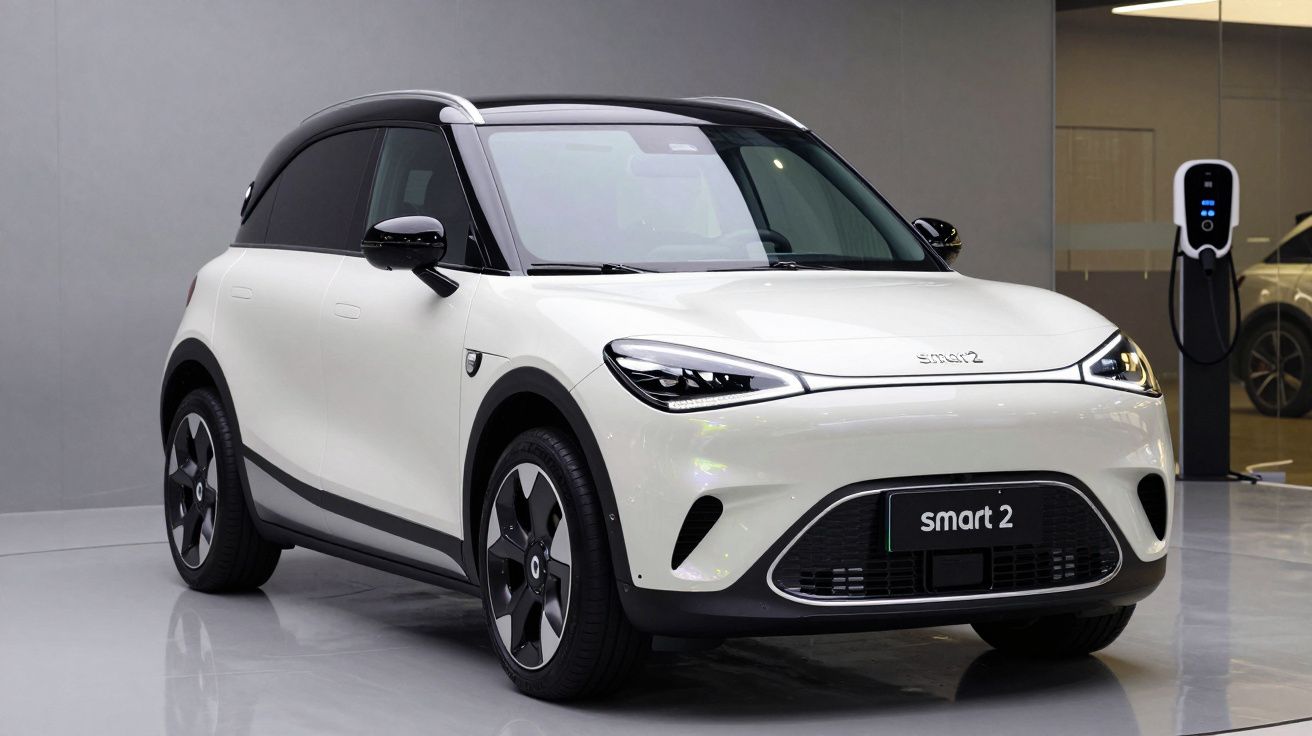 Carro elétrico Smart 2 branco com detalhes pretos, estacionado em ambiente interior moderno.