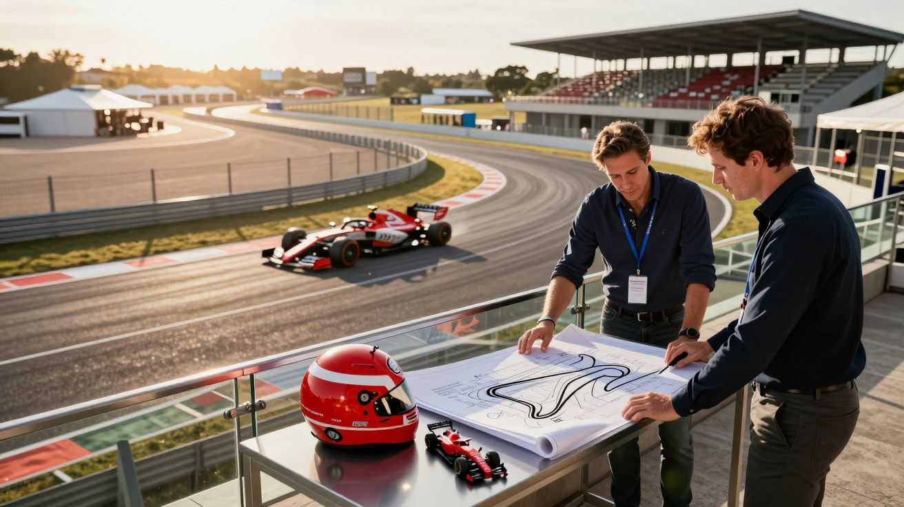 Duas pessoas analisam planta do circuito de corridas enquanto carro de Fórmula passa na pista ao fundo.