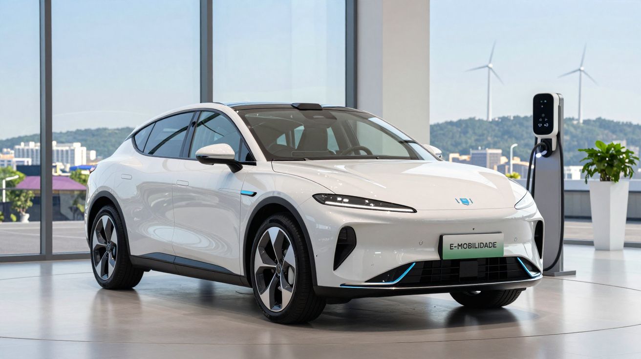 Carro elétrico branco estacionado numa garagem moderna junto a um posto de carregamento.